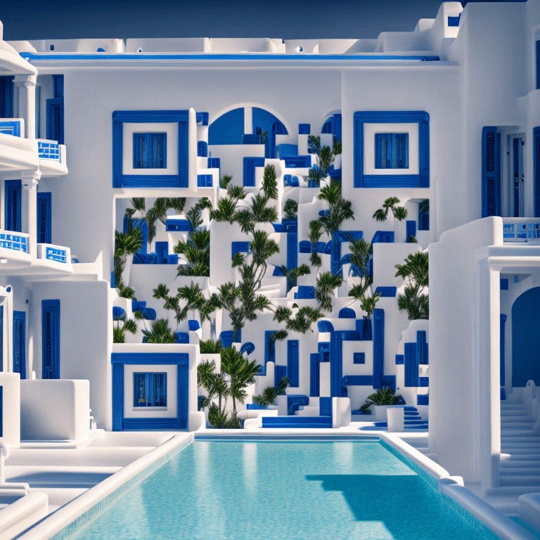 exterior frontal perspective shot of resort villa inspired by Mykonos architecture, sea view visualization, white and blue colours mood, moody lighting, high quality, 8k, real, high resolution photography